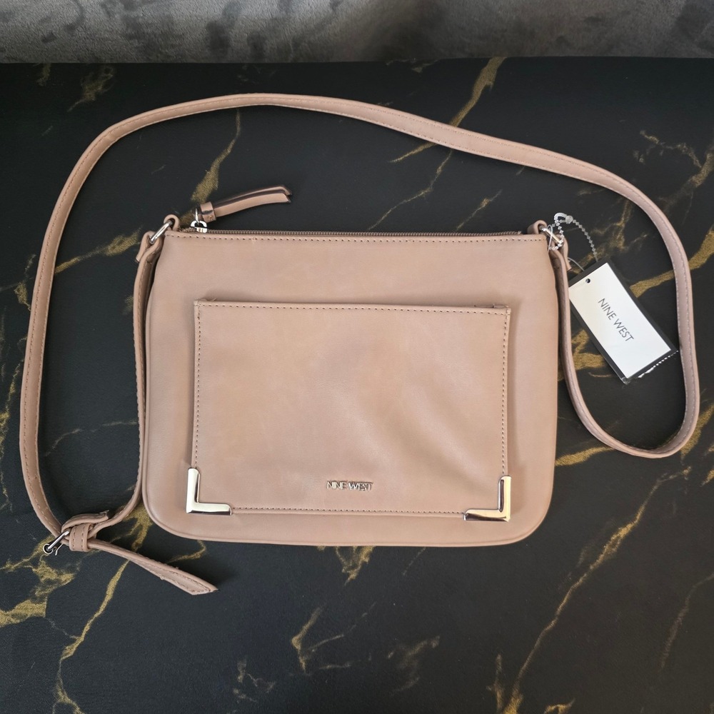 Nine West Crossbody Bag Taupe Tan Vegan Faux Leather Silver Hardware Purse NWT